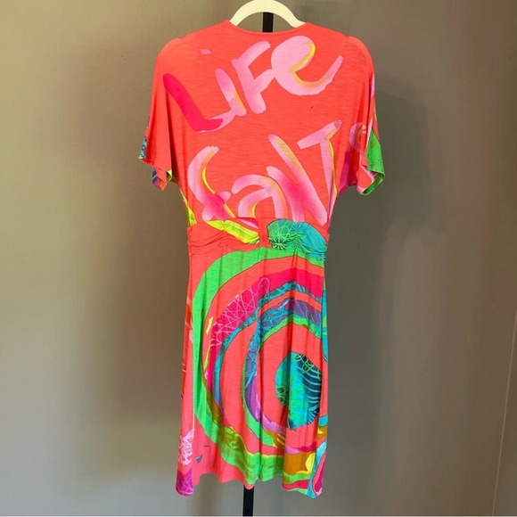 Desigual V Wrap Short Sleeve Dress Coral Small Colorful Artsy Beach Vacation - Picture 4 of 4